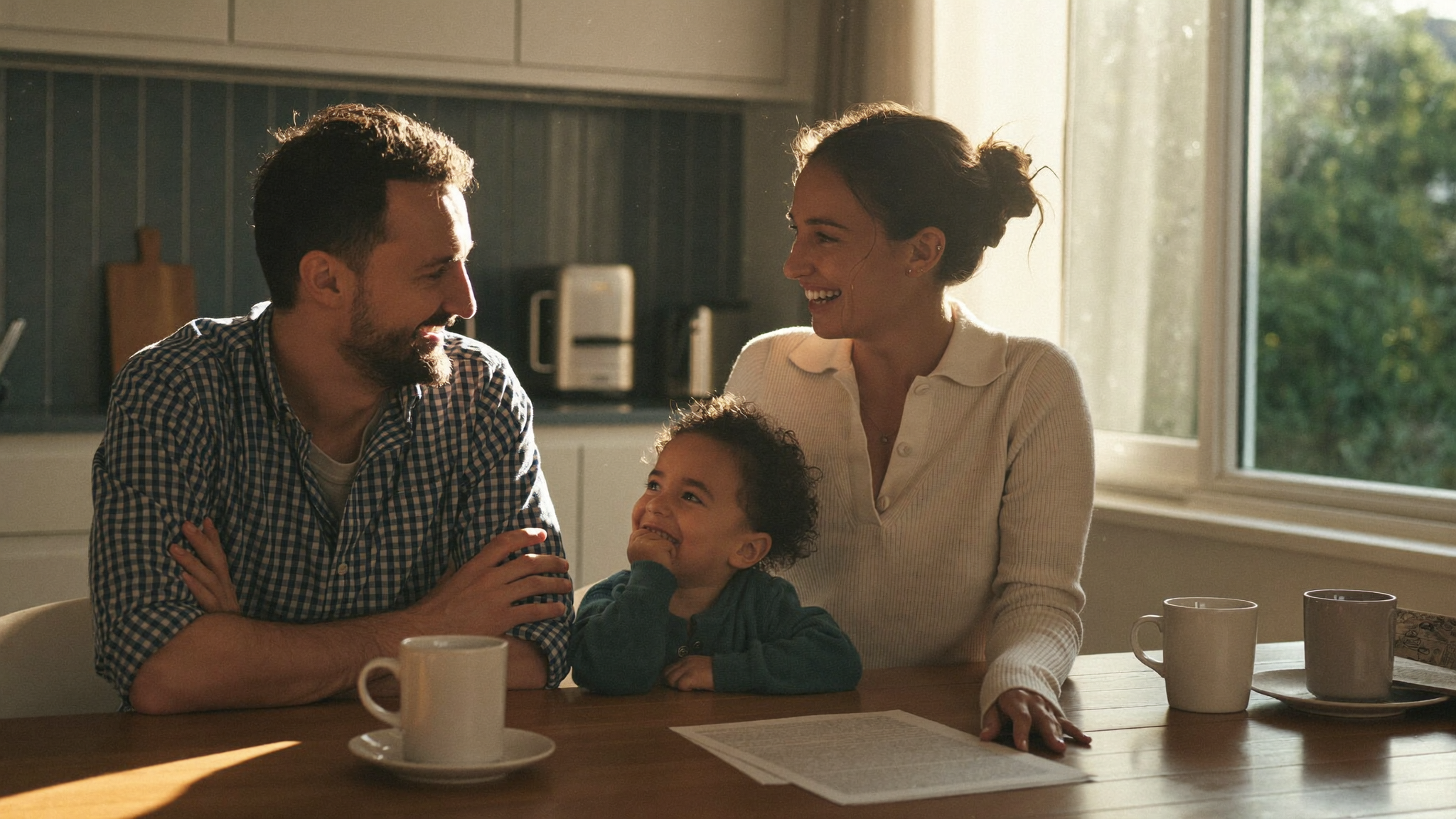 A family sitting together at their kitchen table in warm morning light